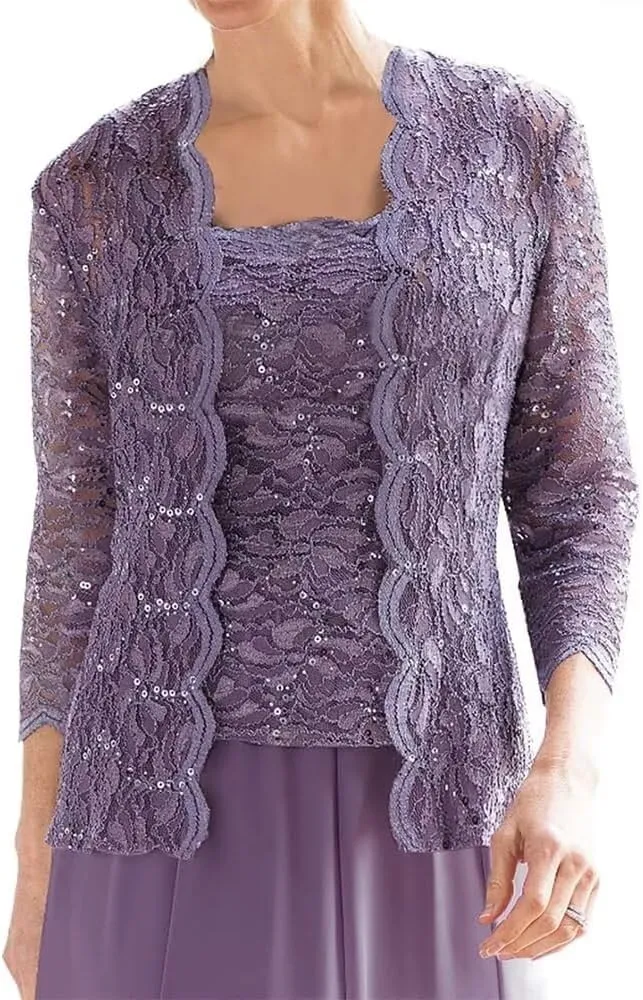 2 Piece Mother of The Bride Dresses for Wedding Tea Length Lace Chiffon Formal Dress Grandmother Dresses with Jackets