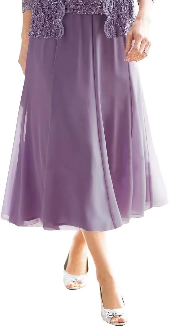 2 Piece Mother of The Bride Dresses for Wedding Tea Length Lace Chiffon Formal Dress Grandmother Dresses with Jackets