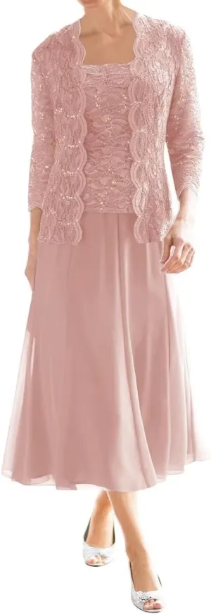 2 Piece Mother of The Bride Dresses for Wedding Tea Length Lace Chiffon Formal Dress Grandmother Dresses with Jackets