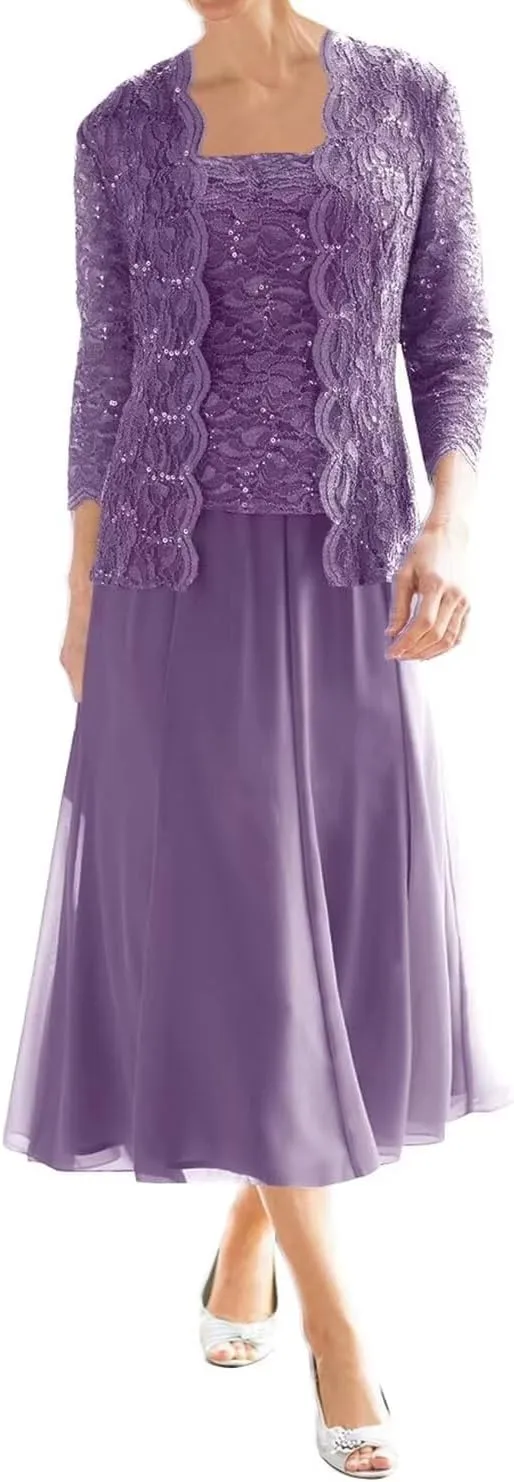 2 Piece Mother of The Bride Dresses for Wedding Tea Length Lace Chiffon Formal Dress Grandmother Dresses with Jackets