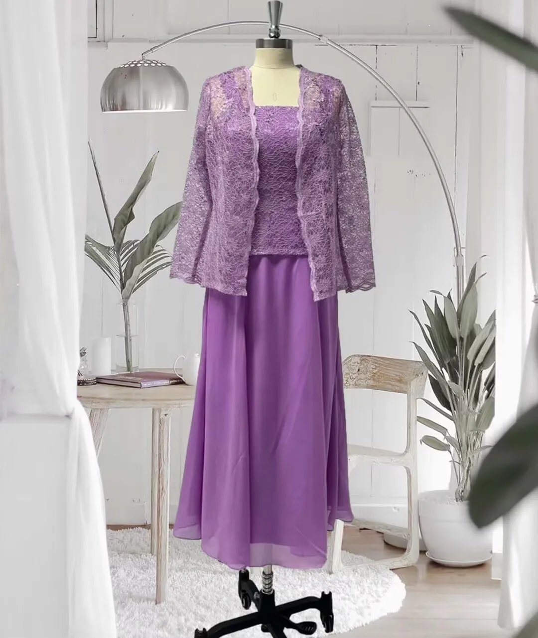 2 Pieces Mother of The Bride Dresses for Wedding Laces Chiffon Tea Length Formal Evening Dresses with Jackets