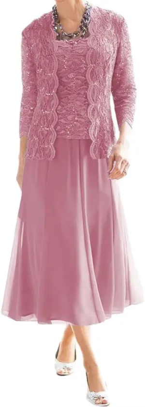 2 Pieces Mother of The Bride Dresses for Wedding Laces Chiffon Tea Length Formal Evening Dresses with Jackets