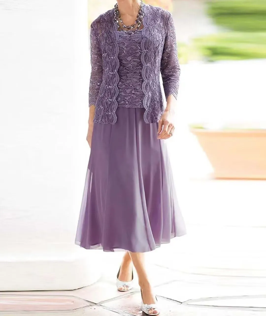 2 Pieces Mother of The Bride Dresses for Wedding Laces Chiffon Tea Length Formal Evening Dresses with Jackets