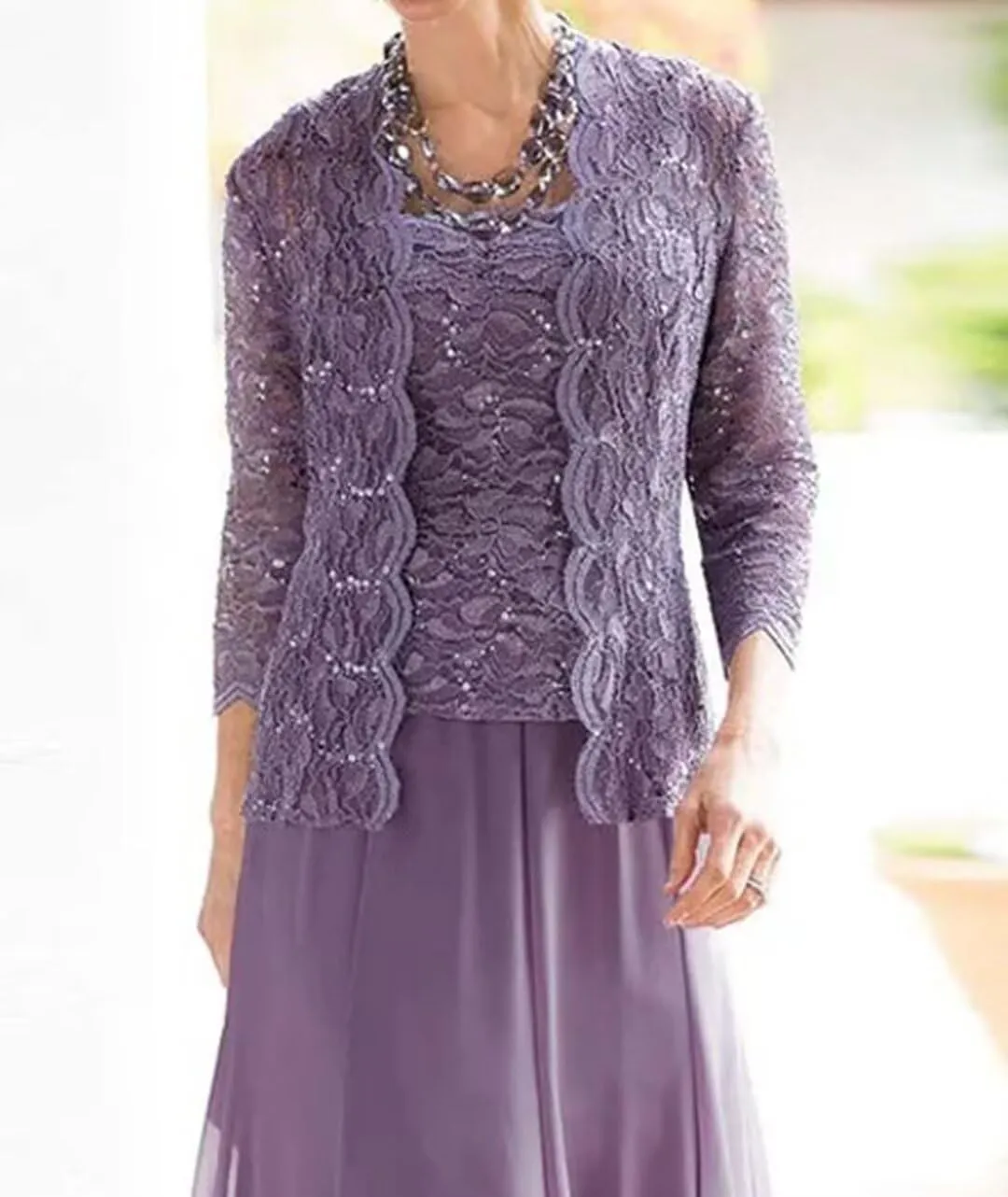 2 Pieces Mother of The Bride Dresses for Wedding Laces Chiffon Tea Length Formal Evening Dresses with Jackets