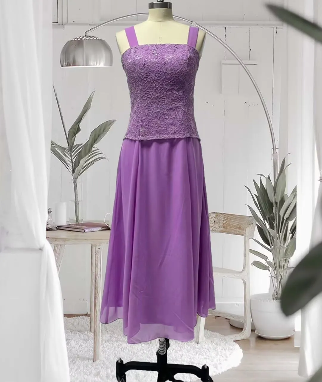 2 Pieces Mother of The Bride Dresses for Wedding Laces Chiffon Tea Length Formal Evening Dresses with Jackets