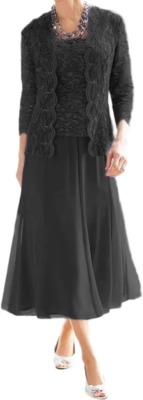 2 Pieces Mother of The Bride Dresses for Wedding Laces Chiffon Tea Length Formal Evening Dresses with Jackets