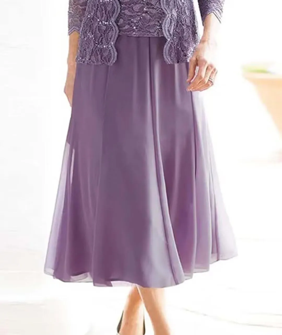 2 Pieces Mother of The Bride Dresses for Wedding Laces Chiffon Tea Length Formal Evening Dresses with Jackets