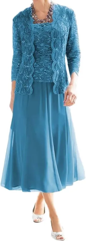 2 Pieces Mother of The Bride Dresses for Wedding Laces Chiffon Tea Length Formal Evening Dresses with Jackets