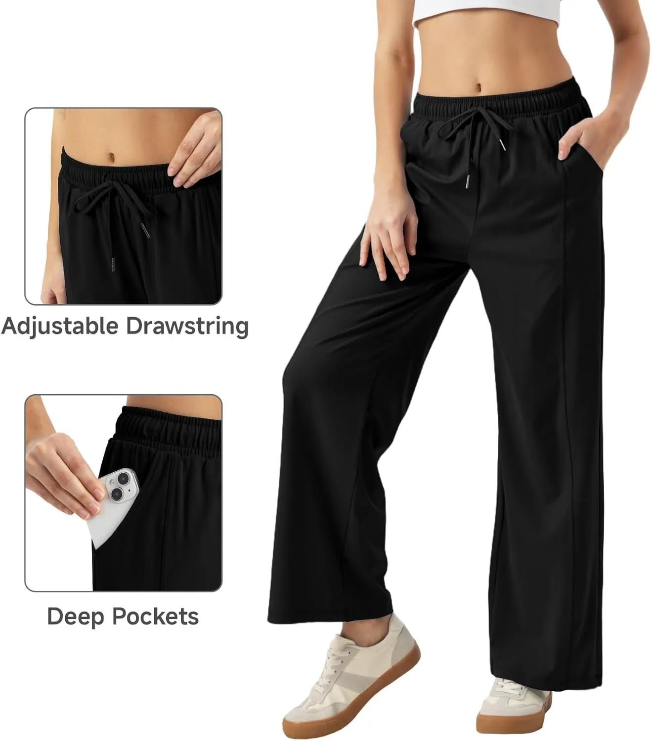 26"/28"/30" Inseam Womens Summer Pants Cool Thin Petite Sweatpants Wide Leg Elastic Waist Loose Lightweight with Pocket UPF50