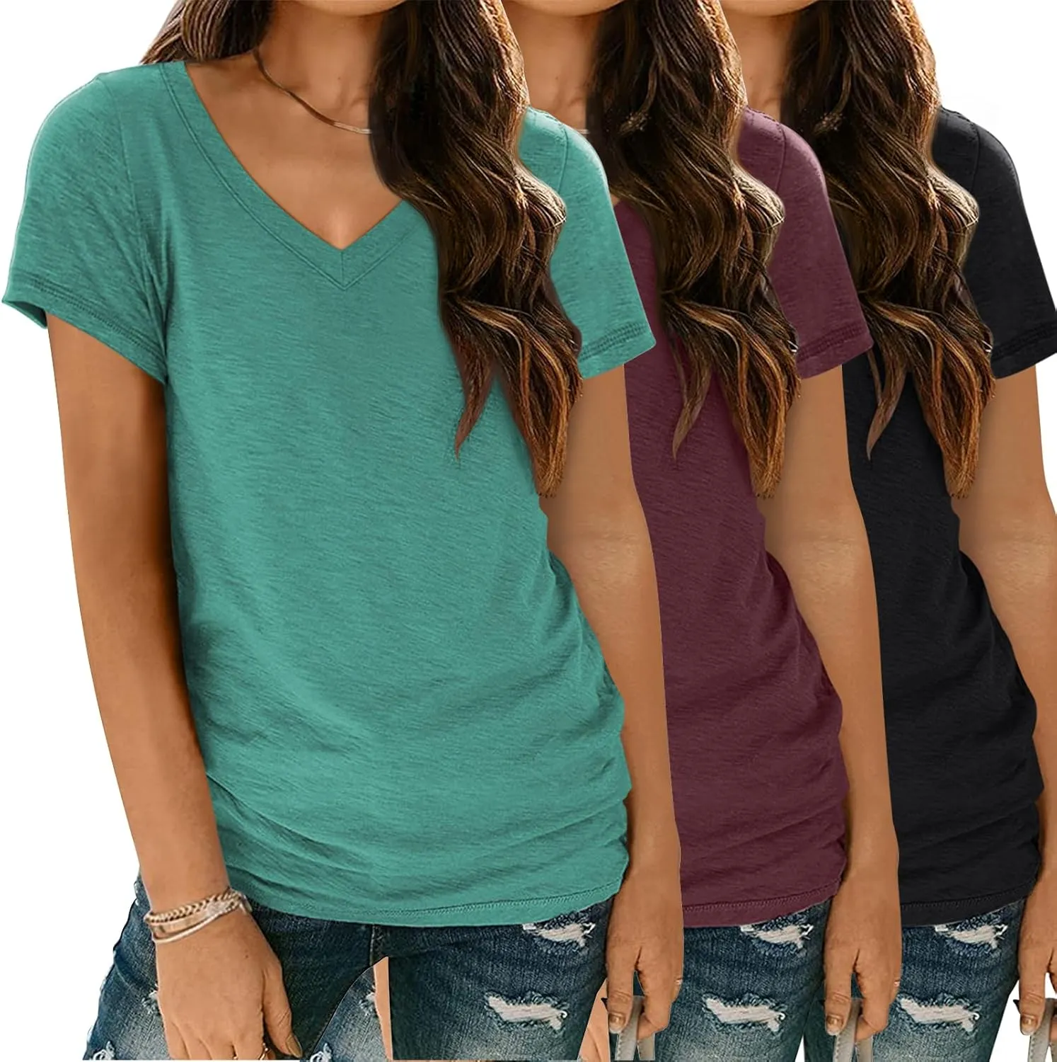 3 Pack V Neck T Shirts for Women Short Sleeve Tshirts Summer Casual Tops Loose Fit Basic Tees