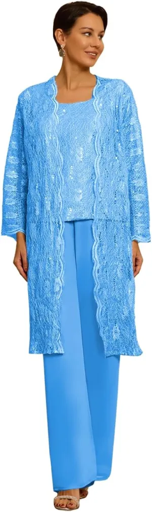 3 Pieces Mother of The Bride Pant Suits with Jackets for Wedding Laces Chiffon Sequin Wedding Guest Dresses for Women