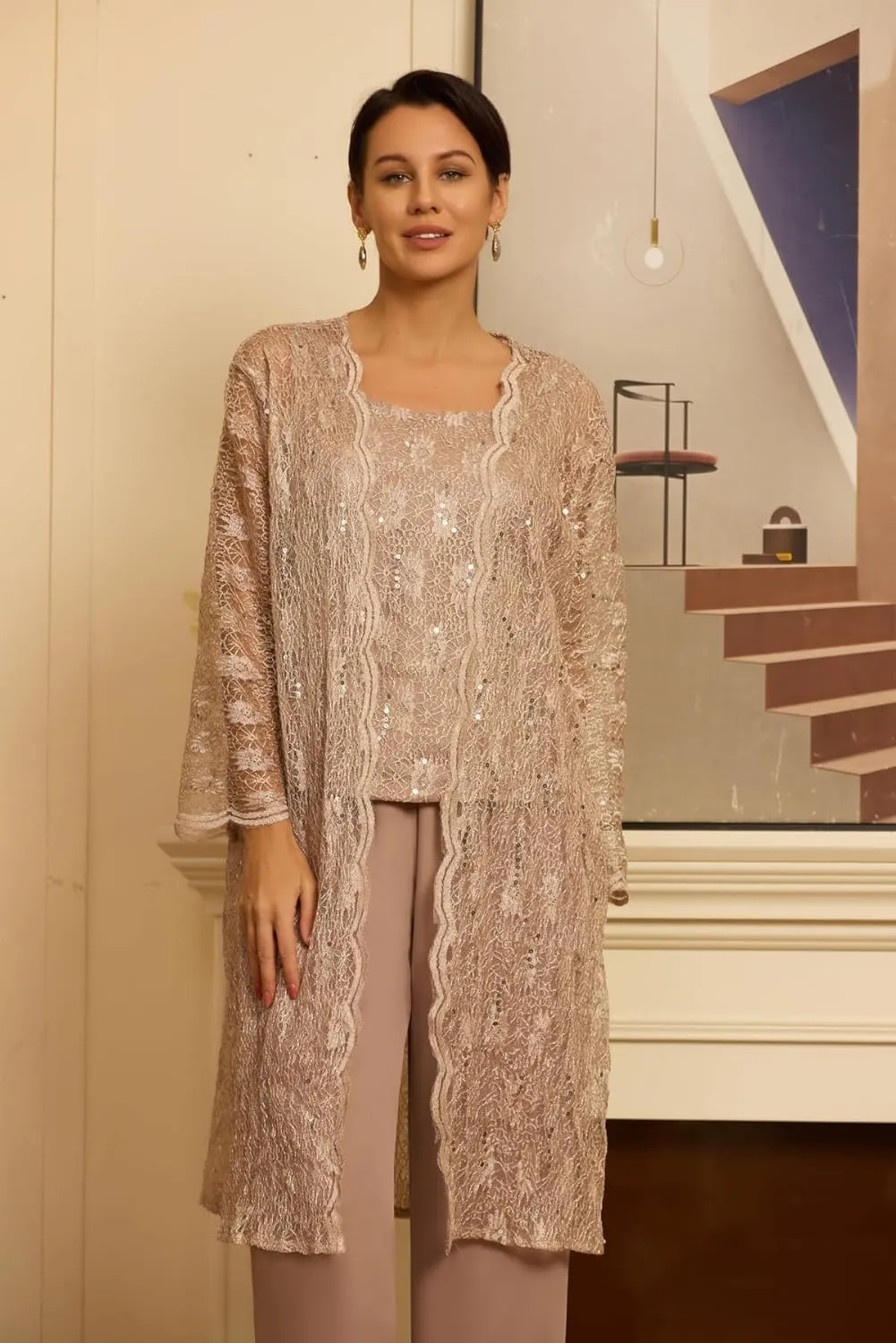 3 Pieces Mother of The Bride Pant Suits with Jackets for Wedding Laces Chiffon Sequin Wedding Guest Dresses for Women