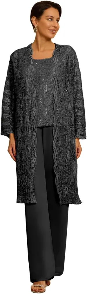 3 Pieces Mother of The Bride Pant Suits with Jackets for Wedding Laces Chiffon Sequin Wedding Guest Dresses for Women