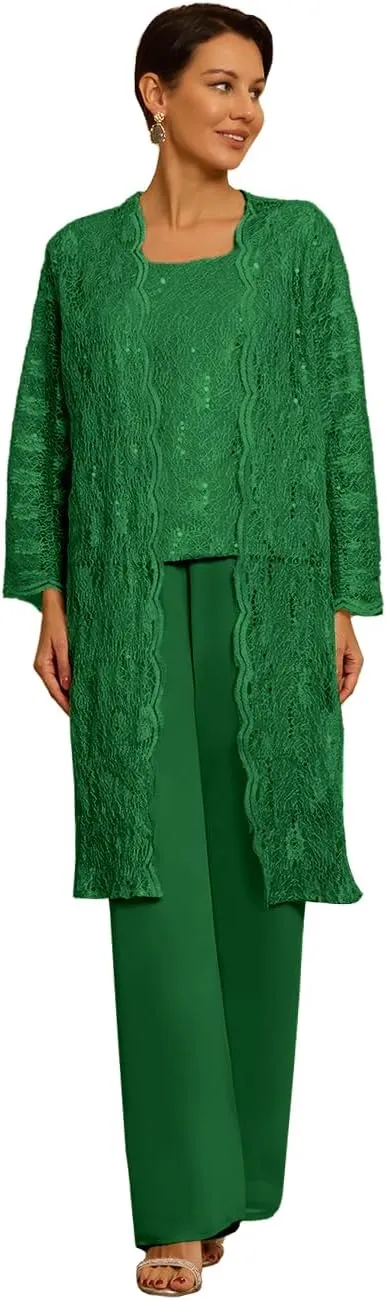 3 Pieces Mother of The Bride Pant Suits with Jackets for Wedding Laces Chiffon Sequin Wedding Guest Dresses for Women