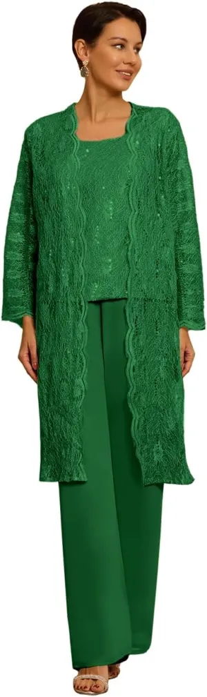 3 Pieces Mother of The Bride Pant Suits with Jackets for Wedding Laces Chiffon Sequin Wedding Guest Dresses for Women