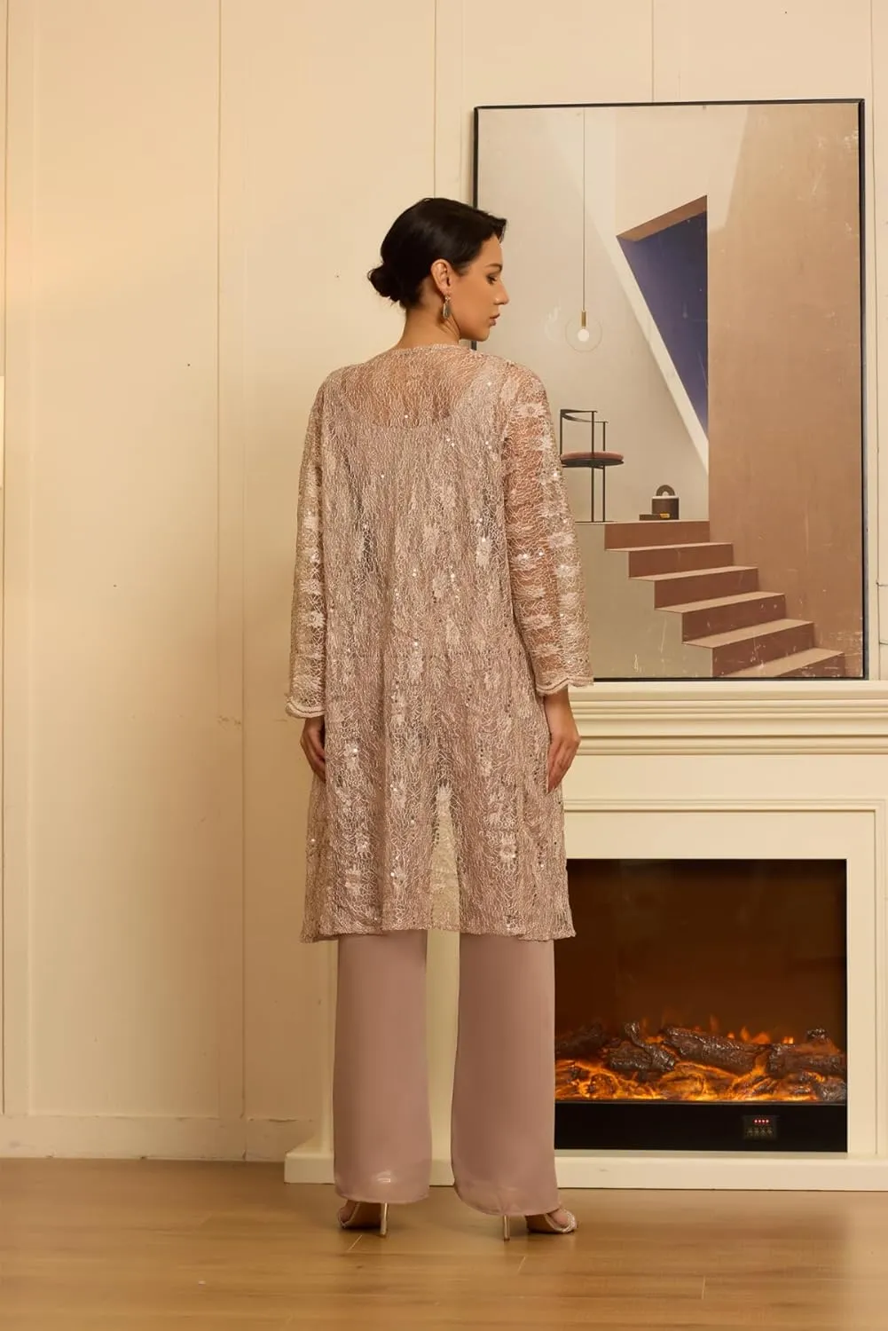 3 Pieces Mother of The Bride Pant Suits with Jackets for Wedding Laces Chiffon Sequin Wedding Guest Dresses for Women