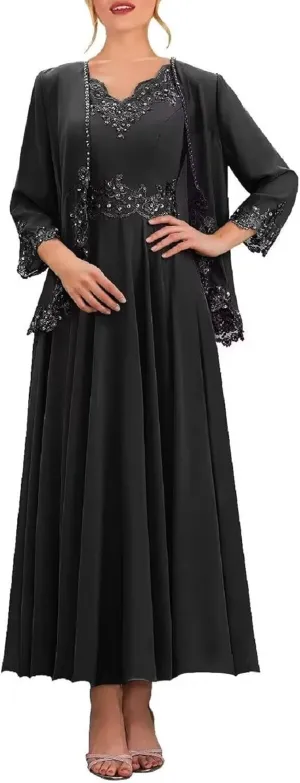 3/4 Sleeve Mother of The Bride Dresses with Jackets Beaded Sequin Lace Chiffon Formal Wedding Guest Dress