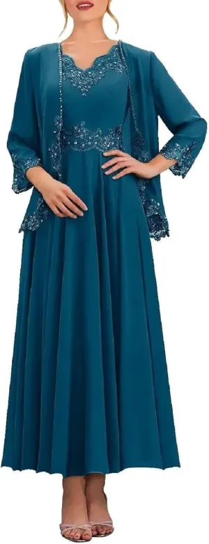 3/4 Sleeve Mother of The Bride Dresses with Jackets Beaded Sequin Lace Chiffon Formal Wedding Guest Dress