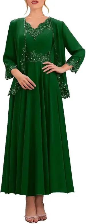 3/4 Sleeve Mother of The Bride Dresses with Jackets Beaded Sequin Lace Chiffon Formal Wedding Guest Dress