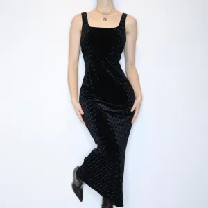 90s Elegant Black Velvet Printed Gown (M)