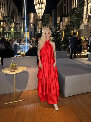 A Line Halter Tiered Satin Long Prom Dress Red Formal Classy Dresses
