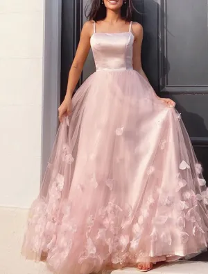 A-Line Prom Dresses Elegant Dress Wedding Guest Engagement Floor Length Sleeveless Spaghetti Strap Tulle with Appliques
