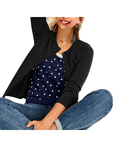 a.Jesdani Button Down Crew Neck Long Sleeve Soft Cardigan Sweaters for Women Black L