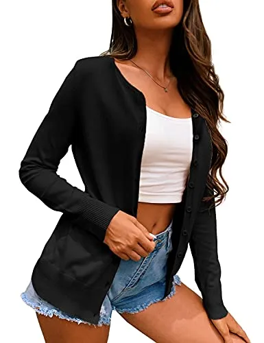 a.Jesdani Button Down Crew Neck Long Sleeve Soft Cardigan Sweaters for Women Black L