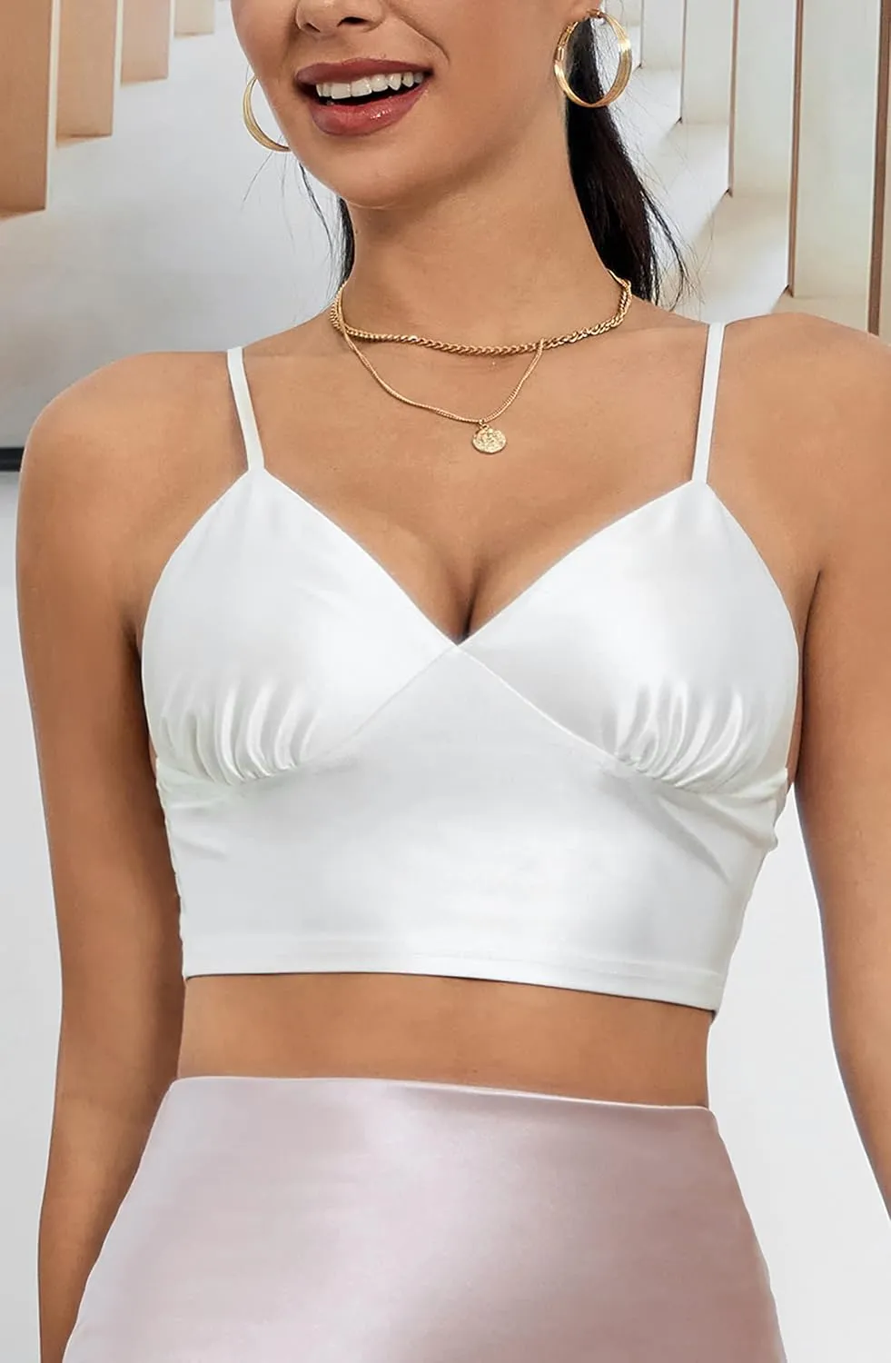 ALCEA ROSEA Sexy Satin Crop Tops for Women Sleeveless Deep V Neck Cami Tank Top Chic Slim Fitted Cropped Camisole