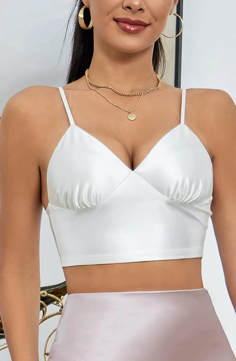 ALCEA ROSEA Sexy Satin Crop Tops for Women Sleeveless Deep V Neck Cami Tank Top Chic Slim Fitted Cropped Camisole