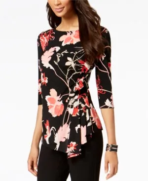 Alfani Printed Side-Tie Top, Black Glass Garden M