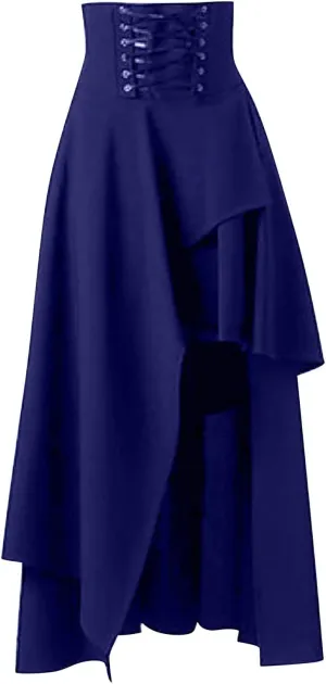 Aniywn Women's Lace Steampunk Gothic Long Maxi Skirt Victorian Ruffles Asymmetrical High-Low Skirt Dress for Party