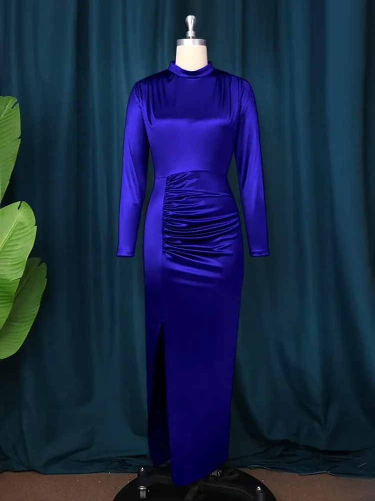 AOMEI Women's Cap Sleeve High Waist Ruched Slit Slim Elegant Long Satin Formal Dress