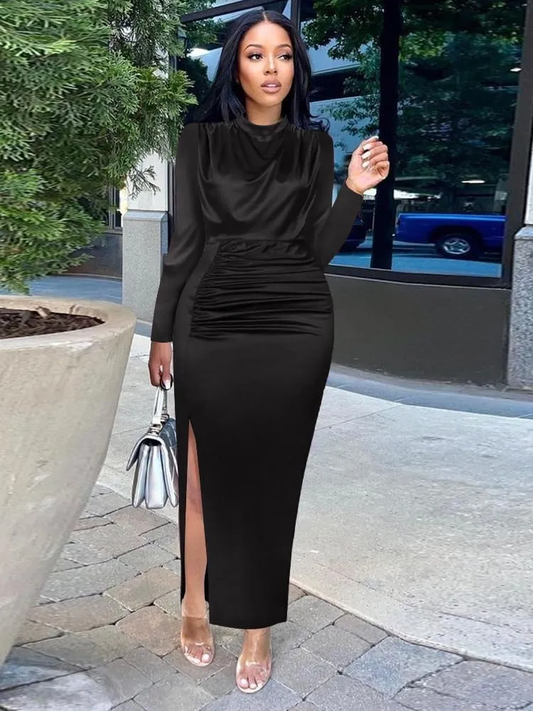 AOMEI Women's Cap Sleeve High Waist Ruched Slit Slim Elegant Long Satin Formal Dress