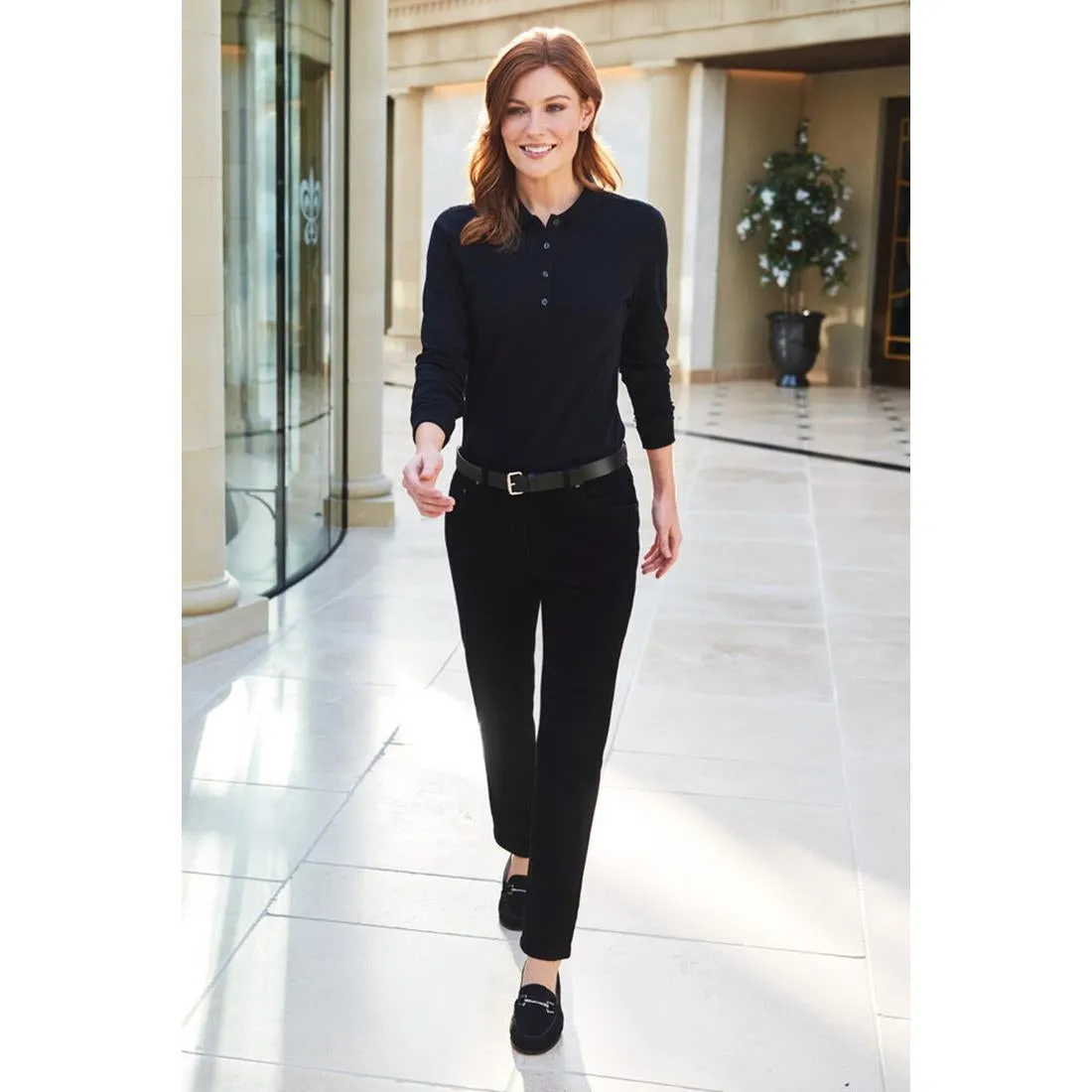 BA009-L Brook Taverner Anna Womens Long Sleeve Polo Shirt Black Size L