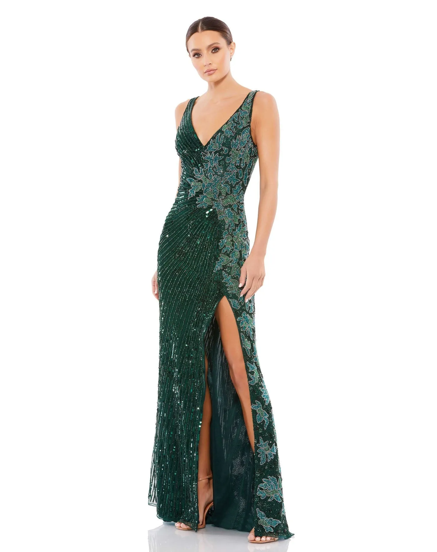 Beaded sequin floral evening sleeveless gown - Silver