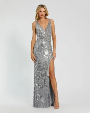 Beaded sequin floral evening sleeveless gown - Silver