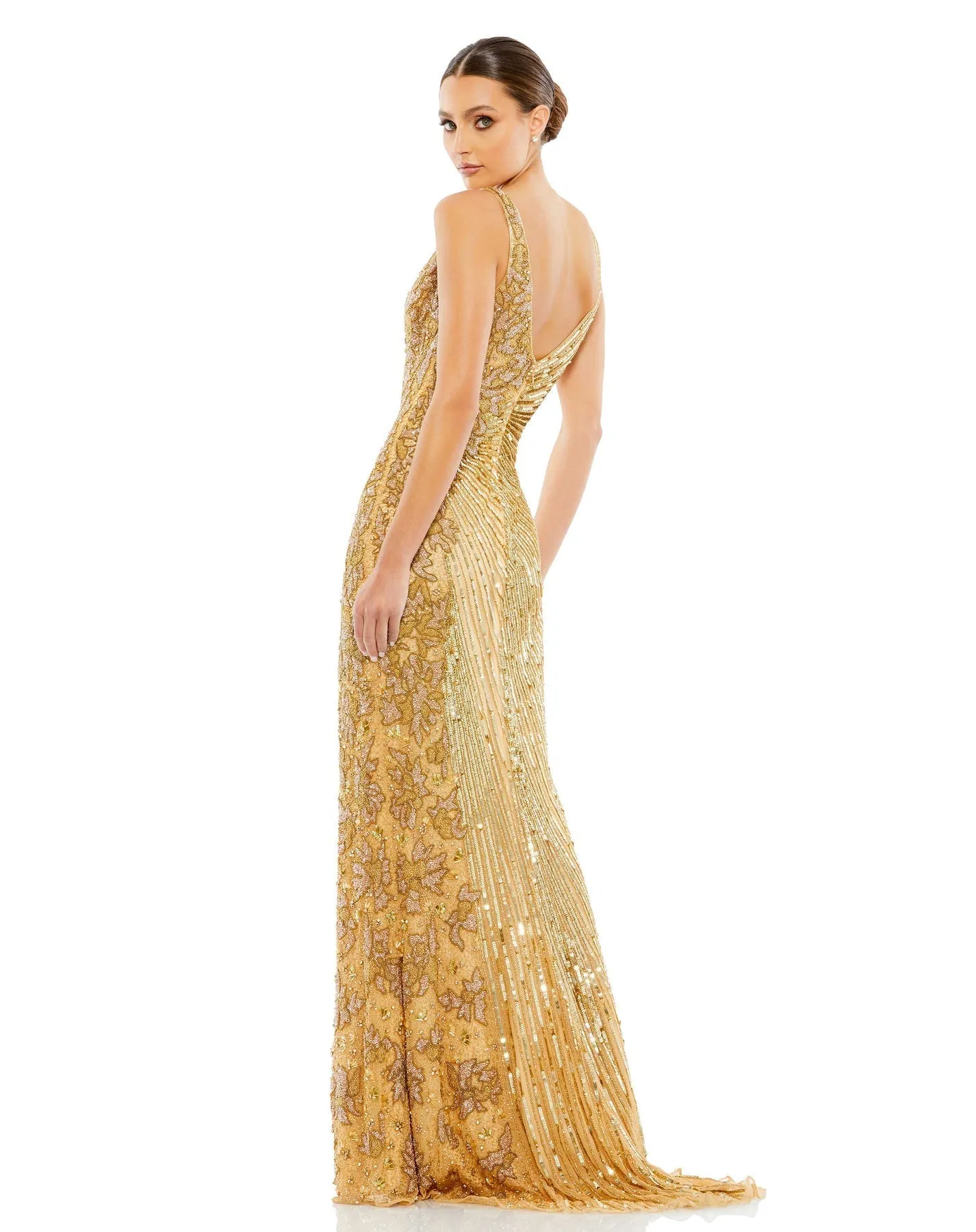 Beaded sequin floral evening sleeveless gown - Silver