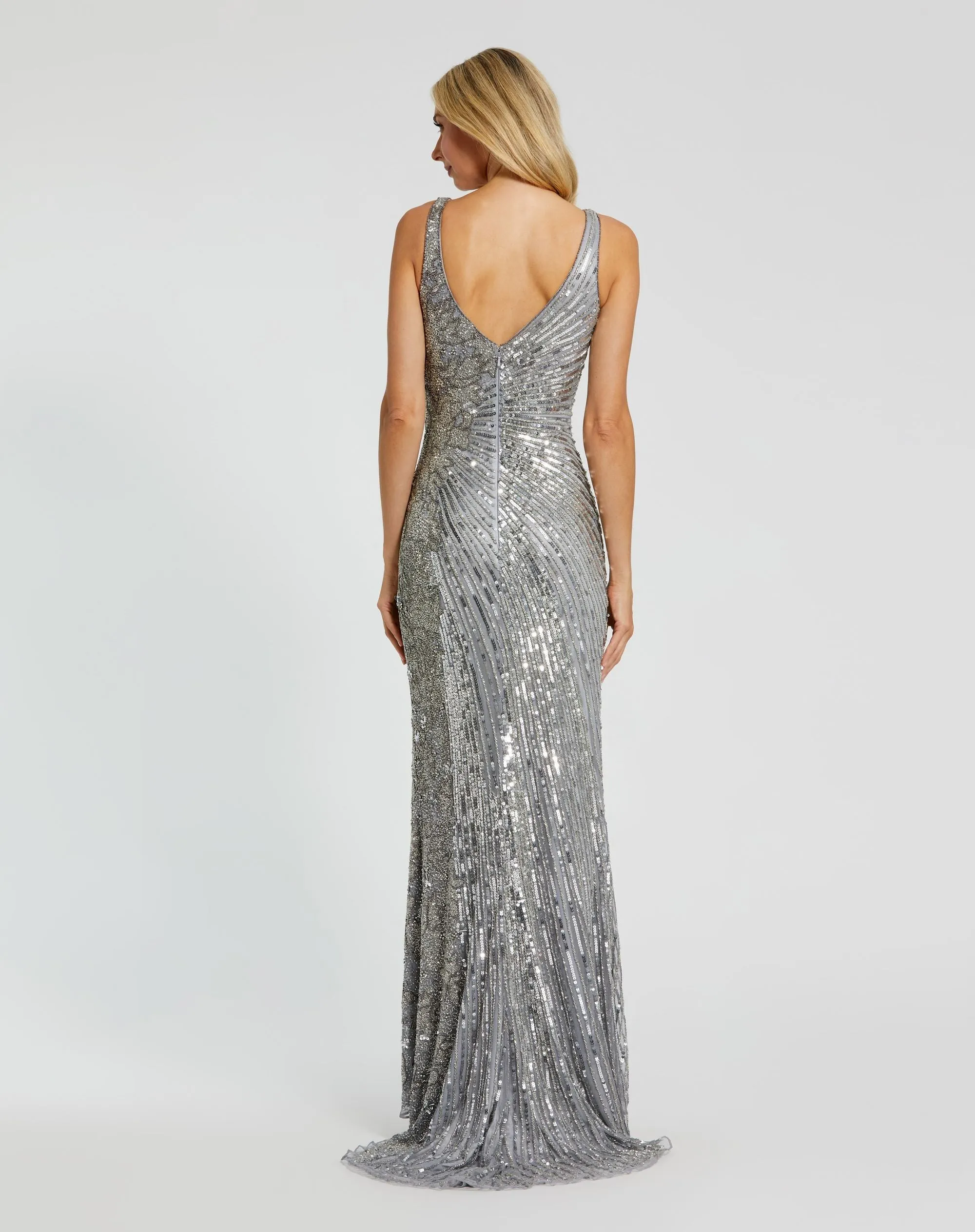 Beaded sequin floral evening sleeveless gown - Silver