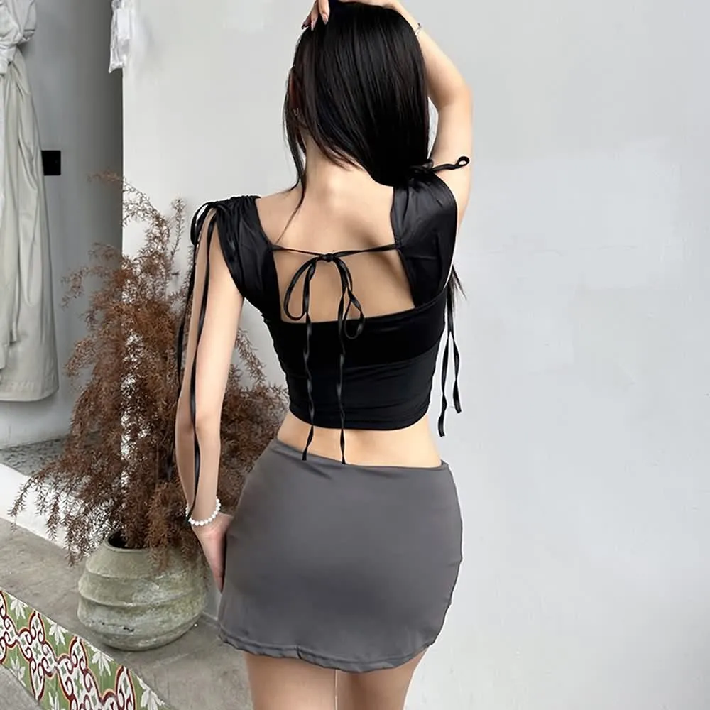 Black Lace Up Sleeveless Crop Top