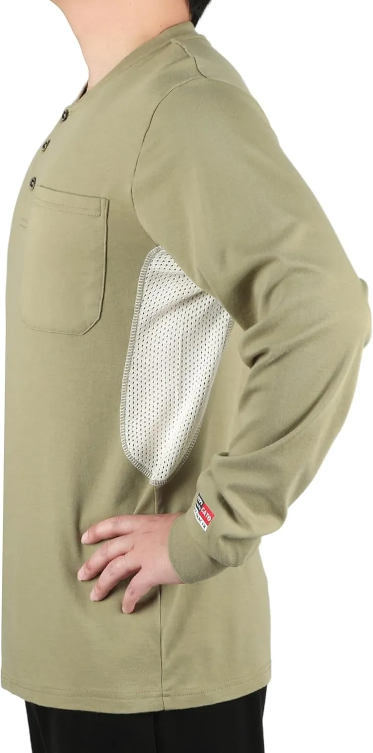 BOCOMAL FR Shirts Summer Vented Mesh Breathable Henley Shirt 5.5oz Flame Resistant CAT2 Work Clothing