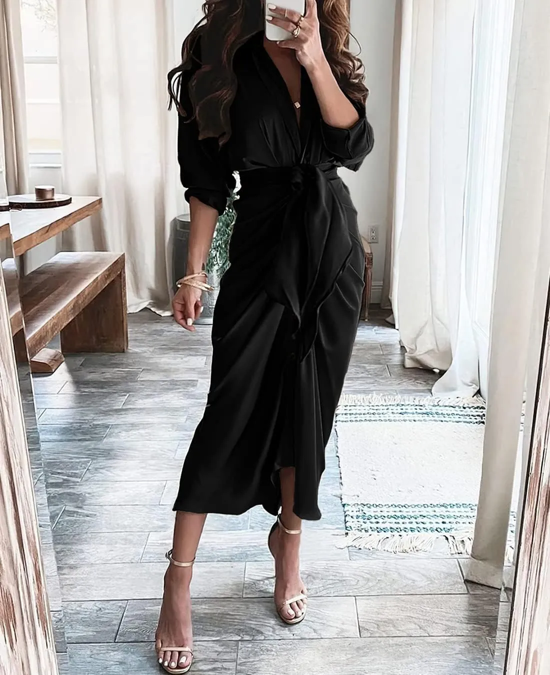 BTFBM Women Long Sleeve Satin Dress 2025 Summer Spring Lapel V Neck Button Down Elegant Belted Ruched Maxi Shirt Dresses