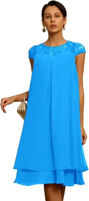 Cap Sleeves Chiffon Mother of The Bride Dresses for Women Scoop Neck Laces Knee Length Wedding Guest Dress