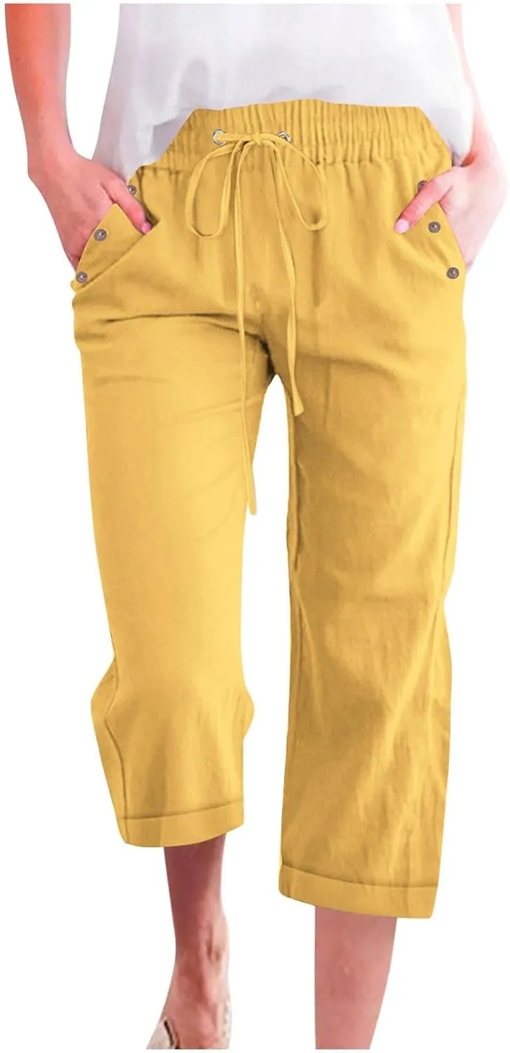 Capri Pants for Women 2025 Summer Linen Wide Leg Pants Casual Lightweight Capri Lounge Short with Pockets