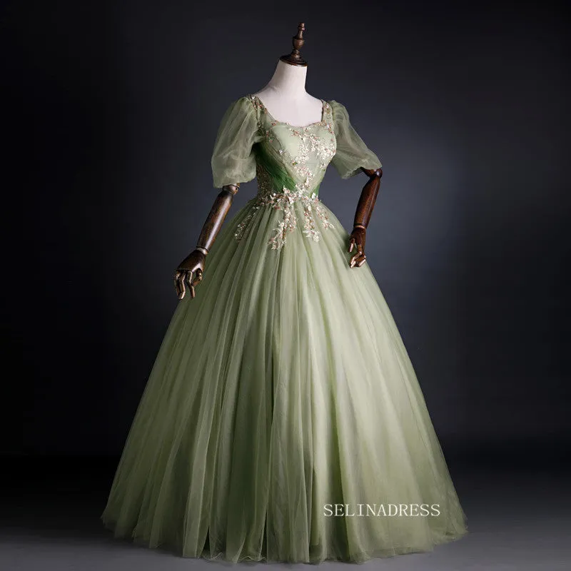 Chic Elegant Square Neck Long Prom Dress Puff Sleeve Beautiful Long Formal Dress Evening Dress #kop125
