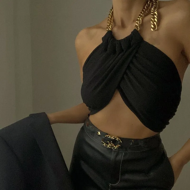 Chic Halter Chain Backless Crop Top