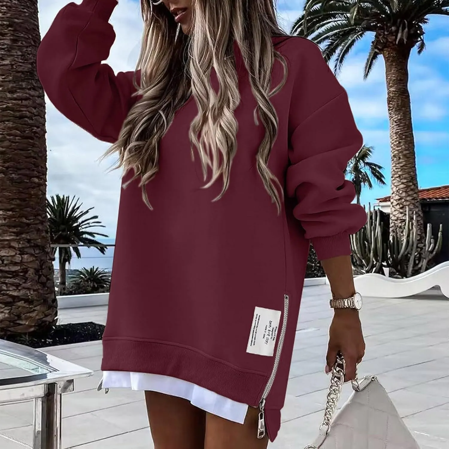 Chic Me Womens Long Sleeve Zipper Slit Sweatshirt Casual Loose Oversized Pullover Zipper Trendy Hoodies