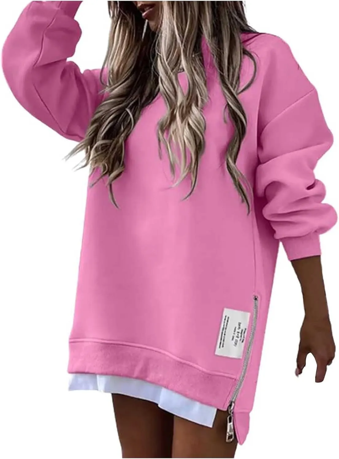 Chic Me Womens Long Sleeve Zipper Slit Sweatshirt Casual Loose Oversized Pullover Zipper Trendy Hoodies