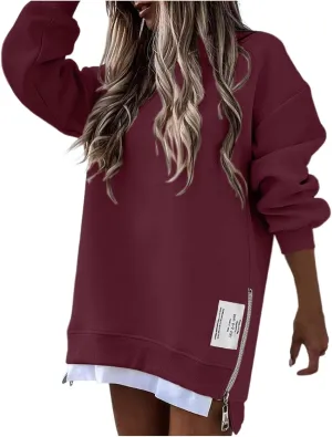 Chic Me Womens Long Sleeve Zipper Slit Sweatshirt Casual Loose Oversized Pullover Zipper Trendy Hoodies