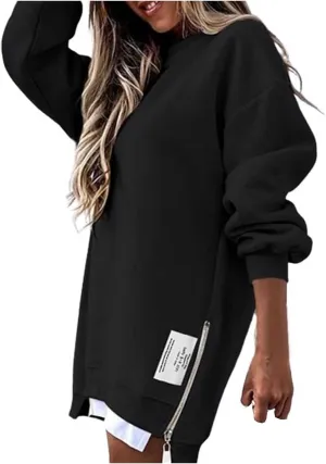 Chic Me Womens Long Sleeve Zipper Slit Sweatshirt Casual Loose Oversized Pullover Zipper Trendy Hoodies